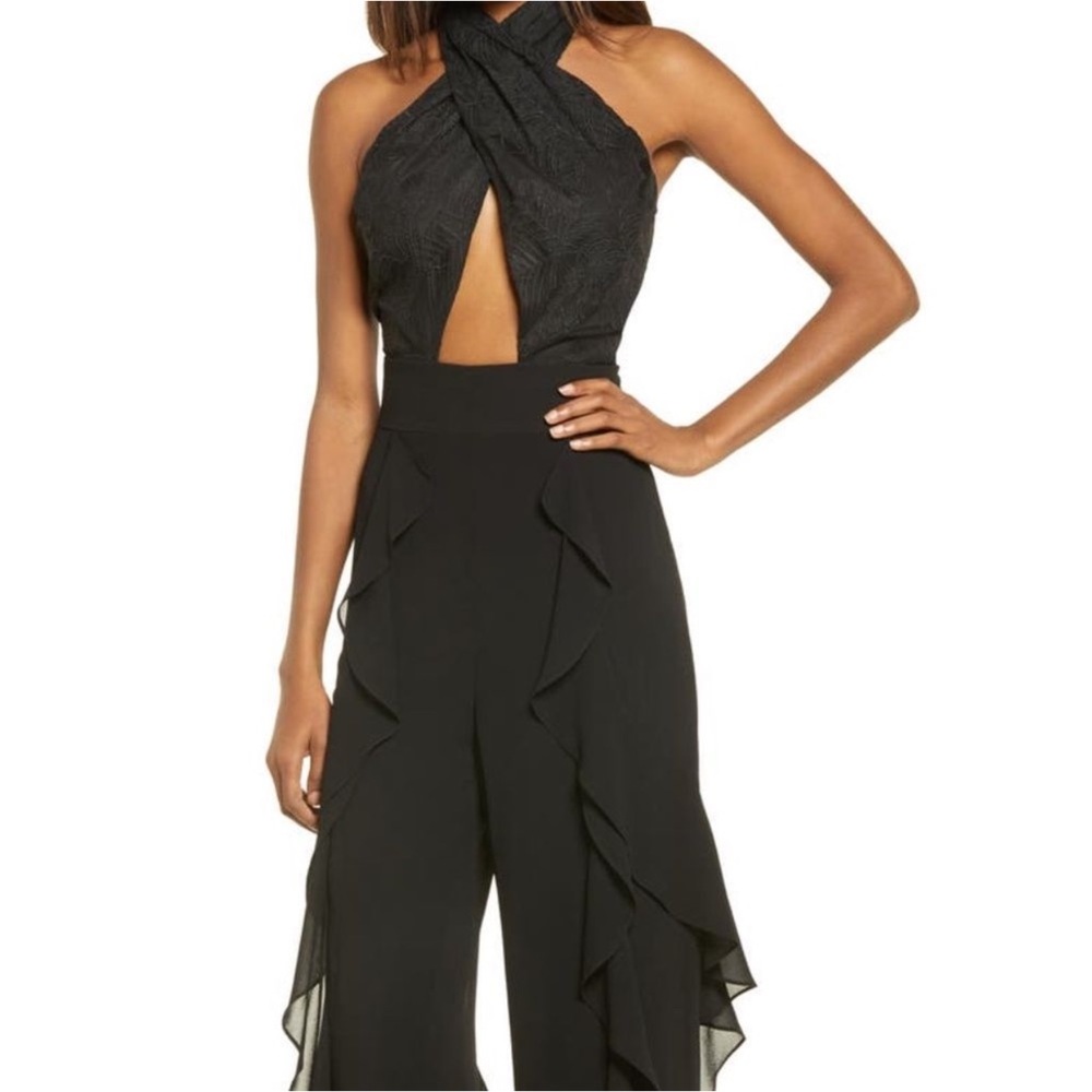 Black Cross-Neck Jumpsuit with Ruffle Pants